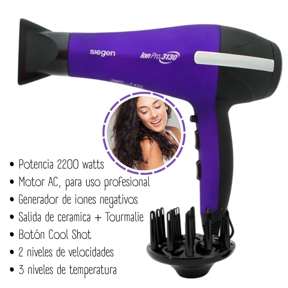 SECADORA CABELLO SIEGEN SG 3130M 2200W PROFESIONAL ION PRO SG 3130/MORADO - 2