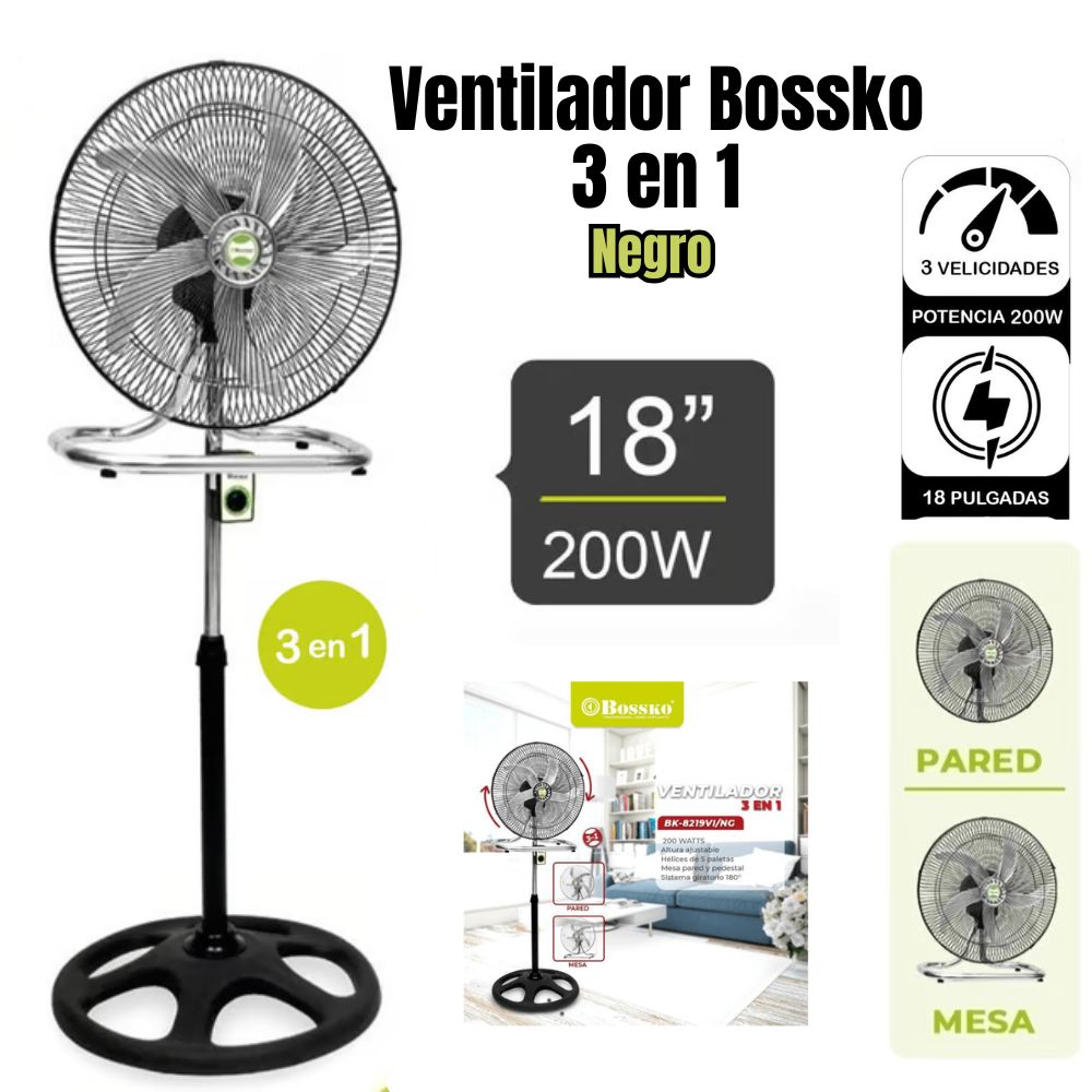 VENTILADOR BOSSKO DE 18' DE 5 ASPAS 2000 WATTS BK-8219VI/NG - NEGRO - 1