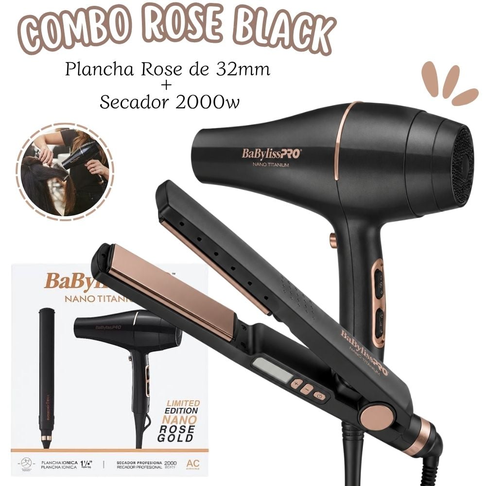 COMBO BABYLISSPRO EDICION ILIMITADA PLANCHA BLACK ROSE + SECADOR NANO ROSE - BNTRGPP43PE - 1
