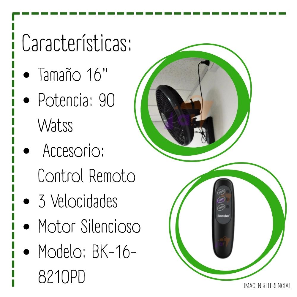 VENTILADOR DE PARED BOSSKO 16” CON CONTROL REMOTO BK-16-8210PD – NEGRO - 2