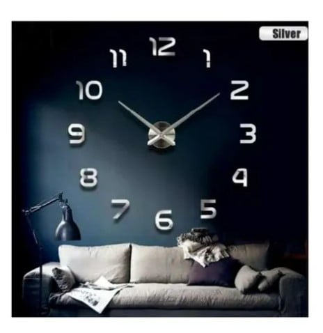 RELOJ 3D GIGANTE 120CM PLATEADO PARED DECO ESPEJO - 1