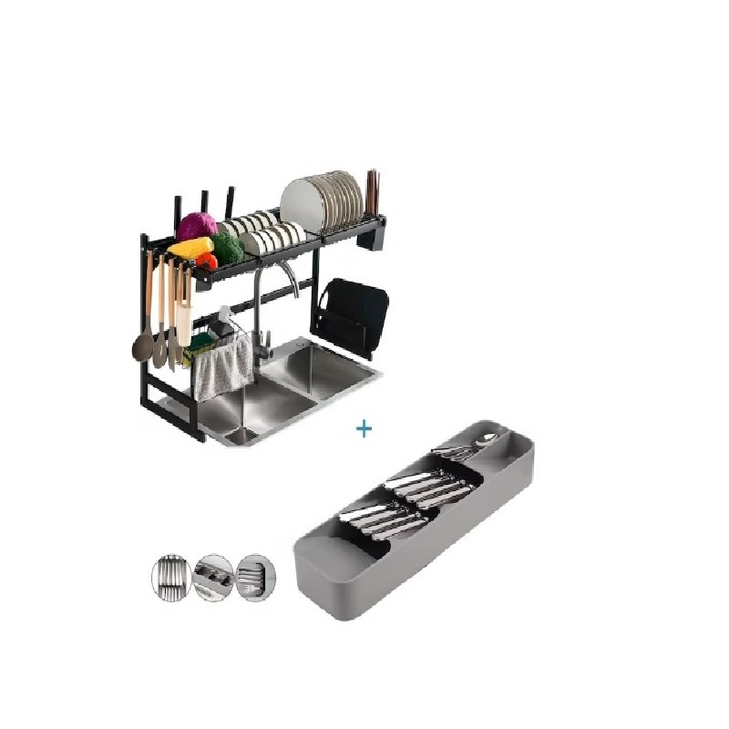 ORGANIZADOR Y ESCURRIDOR DE PLATOS DE 65CM + ORGANIZADOR DE CUBIERTOS DE COCINA DE 5 DIVISIONES - 1