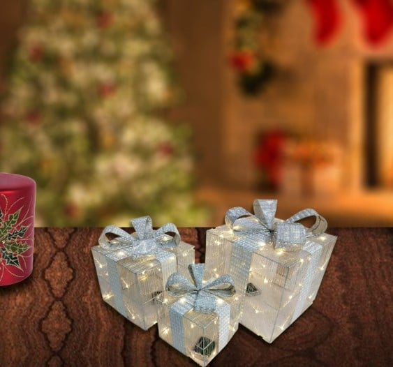 SET CAJAS NAVIDEÑAS AMBERES LUCES LED 3 PZAS GOLD - 1