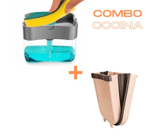 SET ACCESORIOS COCINA MULTICOLOR COMBO DISPENSADOR JABON LAVAVAJILLAS + TACHO BASURERO PLEGABLE - 1