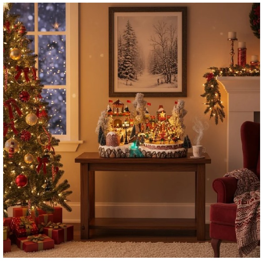 VILLA PUEBLO NAVIDEÑO ÁRBOL GIRATORIO ANIMADOS NIEVE LUZ LED MUSICAL - 2