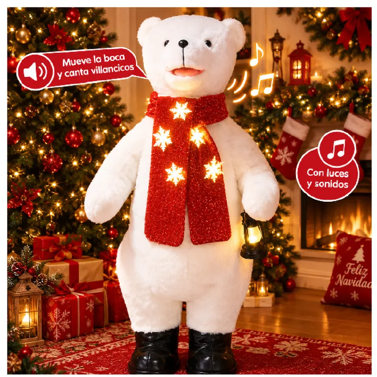 OSO POLAR NAVIDEÑO ANIMATRÓNICO MEDIANO CON LUCES Y VILLANCICOS 1.10 M - 1