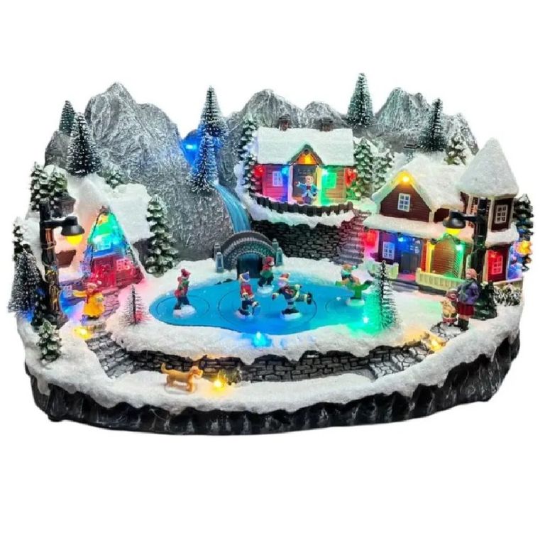 VILLA NAVIDEÑA INVIERNO NIEVE PATINADORES GIRATORIOS MUSICAL LUZ LED - 1