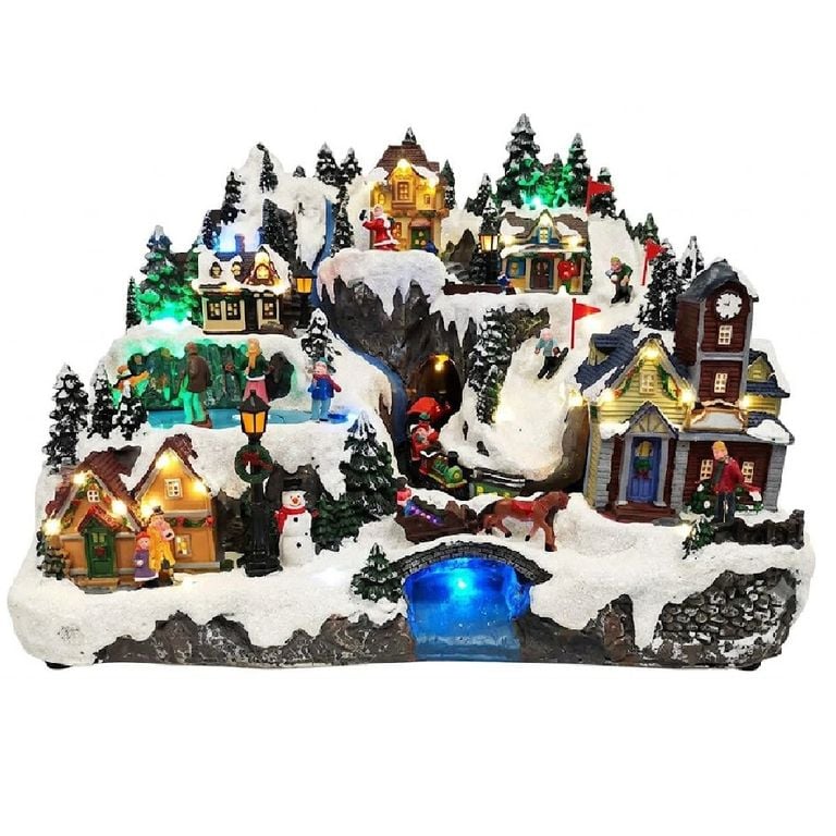 VILLA NAVIDEÑA PUEBLO CON NIEVE PATINADORES TREN GIRATORIOS MUSICAL LUZ LED - 1