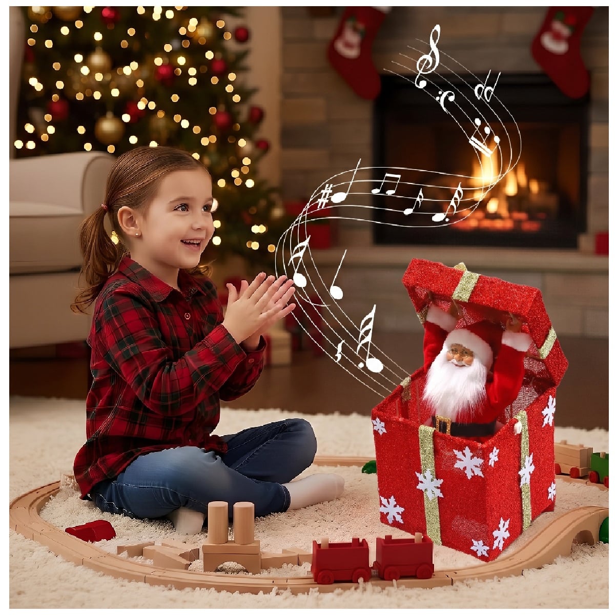 CAJA DE REGALO NAVIDEÑA SORPRESA CON PAPÁ NOEL MOVIMIENTO LUCES LED Y MÚSICA 40CM - 1