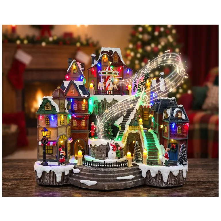 VILLA PUEBLO NAVIDEÑO ÁRBOL TREN Y CARRUSEL GIRATORIOS MUSICAL LUZ LED - 1