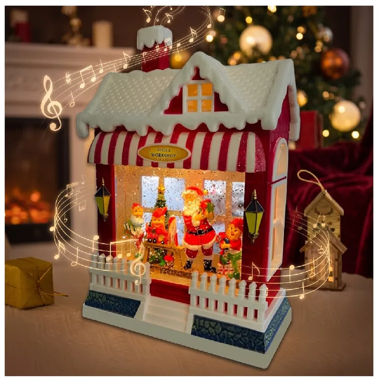 FAROL NAVIDEÑO TALLER DE PAPÁ NOEL CON LUZ LED MÚSICA Y PURPURINA 26CM - 1