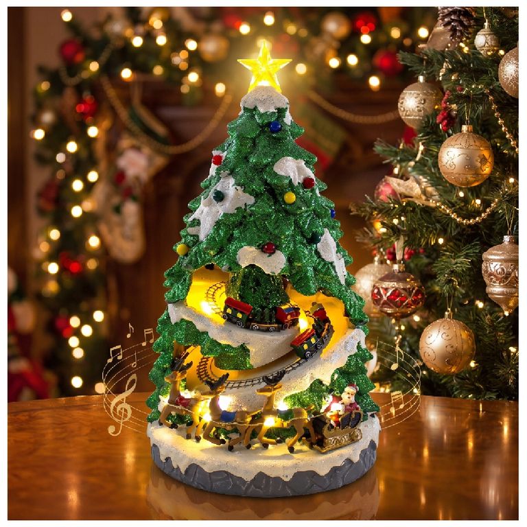 ÁRBOL NAVIDEÑO MUSICAL LUCES LED 2 TRENES GIRATORIOS TRINEO DE PAPÁ NOEL - 1