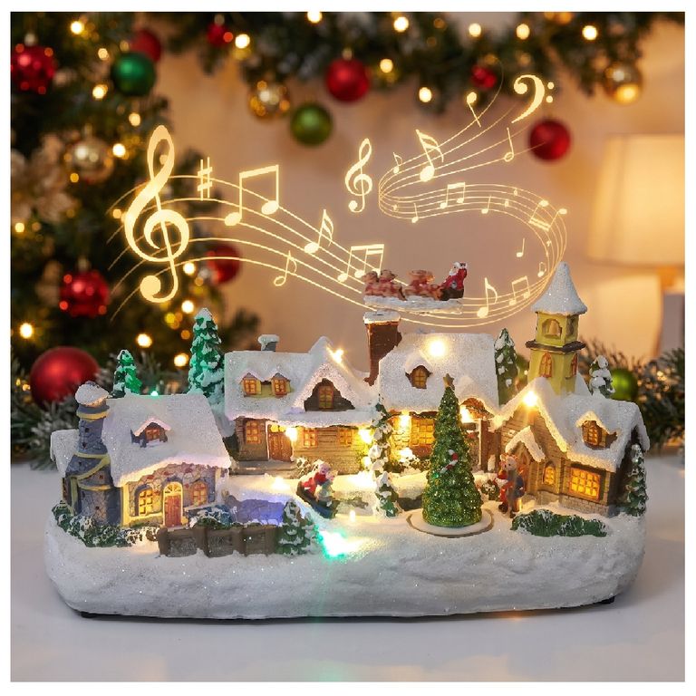 VILLA NAVIDEÑA ANIMADA CON LUCES MULTICOLOR MÚSICA Y PAPÁ NOEL GIRATORIO - 1