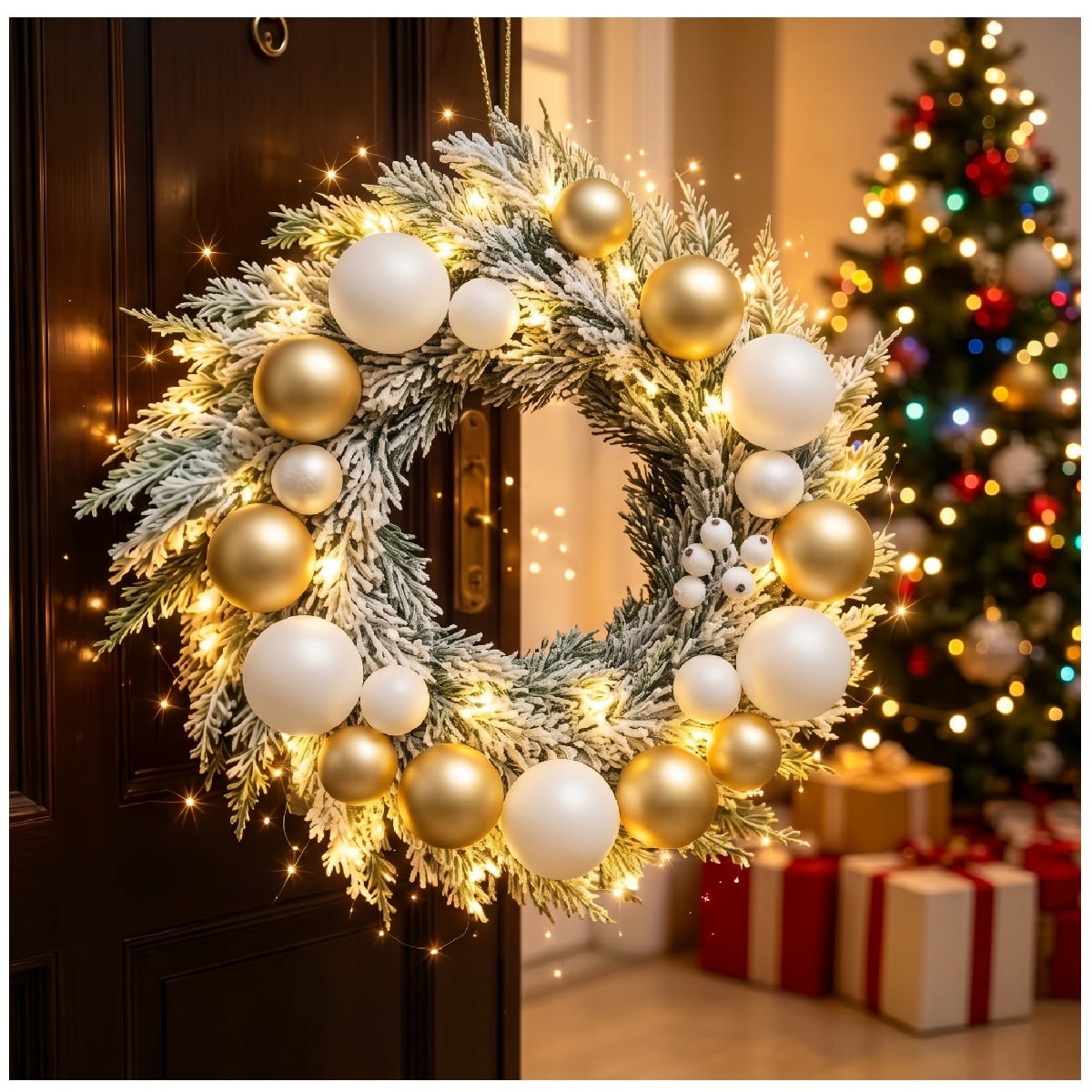 CORONA NAVIDEÑA NEVADA 50 CM LUCES LED ADORNADA EN BLANCO Y DORADO - 1