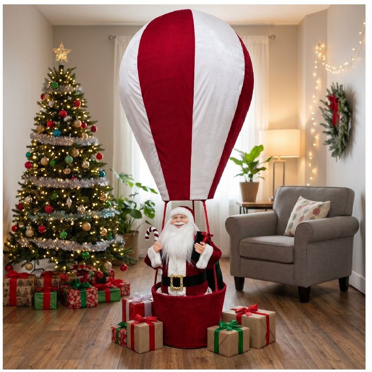 GLOBO AEROSTÁTICO NAVIDEÑO GIGANTE DE 150 CM CON SANTA CLAUS Y REGALOS BLANCO Y ROJO - 1