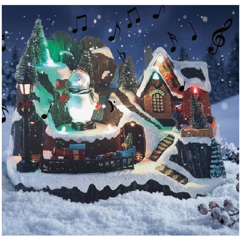 ALDEA NAVIDEÑA VILLA LUMINOSA Y MUSICAL MUÑECO DE NIEVE Y TREN GIRATORIO - 1