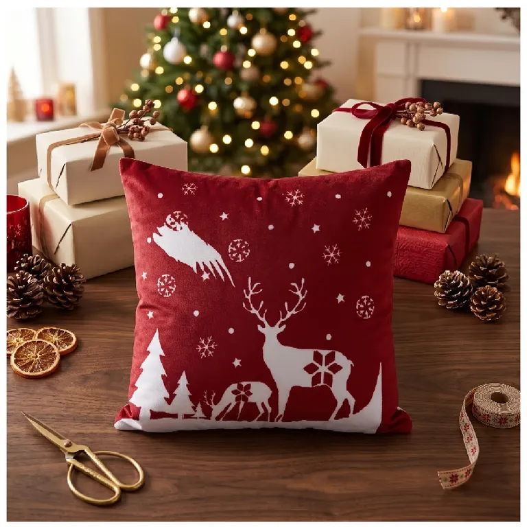SET 6 FUNDAS DE COJÍN NAVIDEÑOS 45X45 CM VENADOS EN PAISAJE NEVADO FONDO ROJO CON CIERRE INVISIBLE - 1