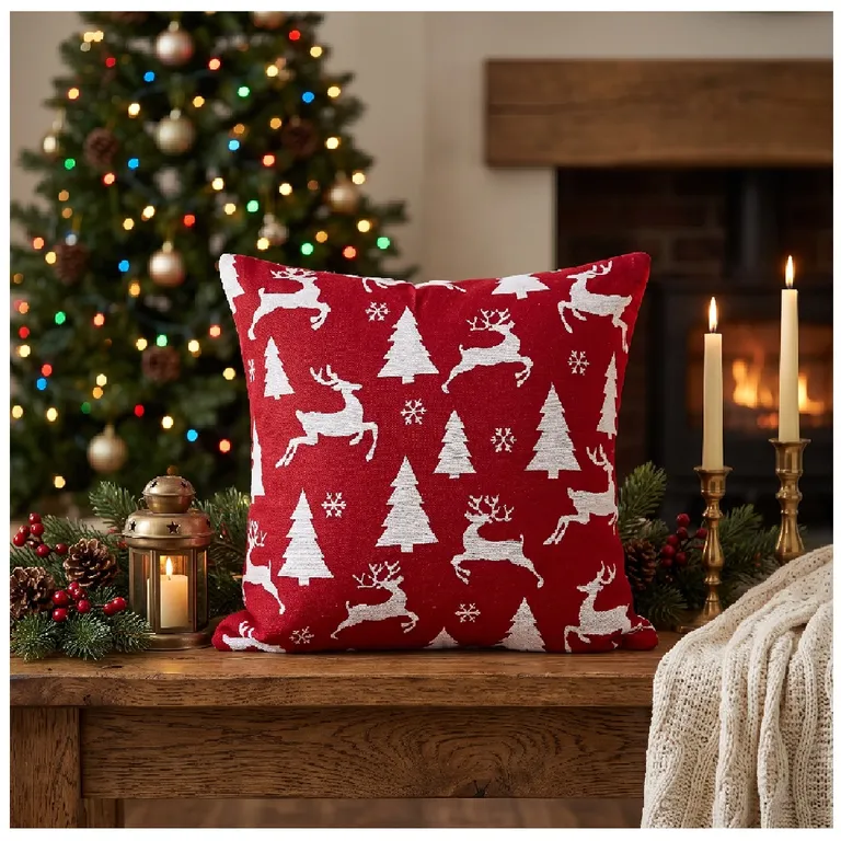 SET 6 FUNDAS DE COJÍN NAVIDEÑOS 45X45 CM RENOS ARBOLITOS Y COPOS DE NIEVE CON CIERRE INVISIBLE - 1