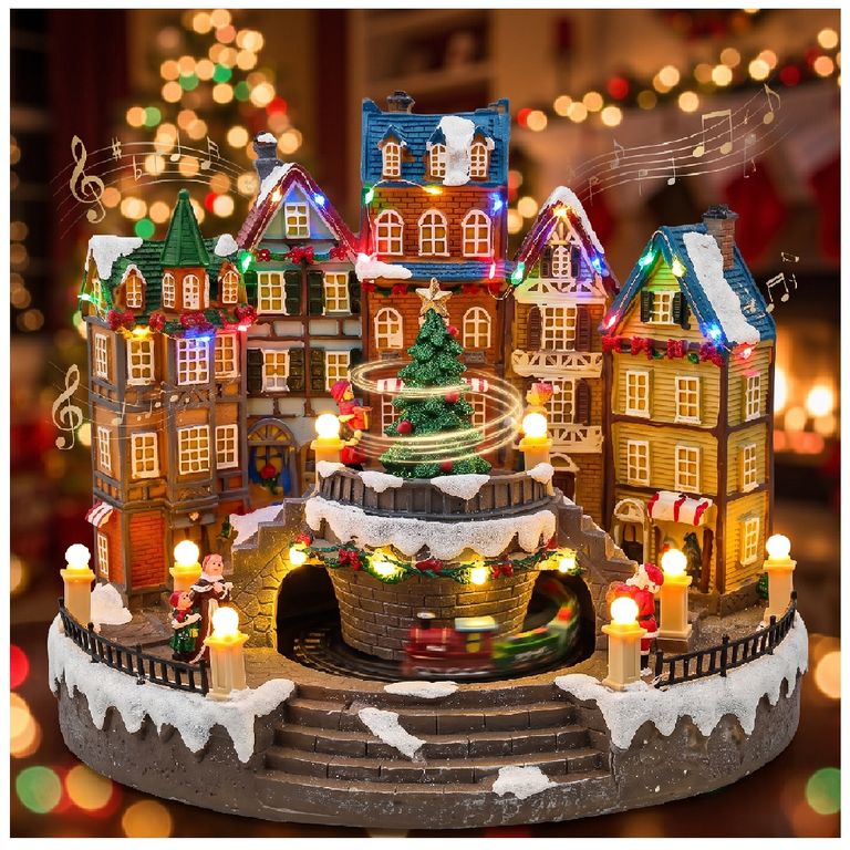VILLA PUEBLO NAVIDEÑO ÁRBOL GIRATORIO TREN MUSICAL LUZ LED - 1