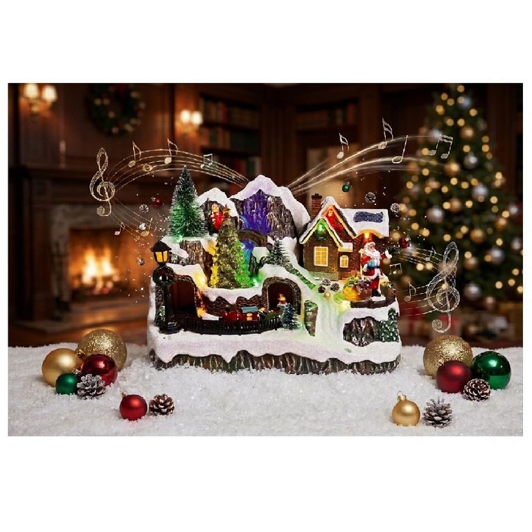 VILLA NAVIDEÑA ÁRBOL TREN PAPA NOEL GIRATORIOS MUSICAL LUZ LED - 1