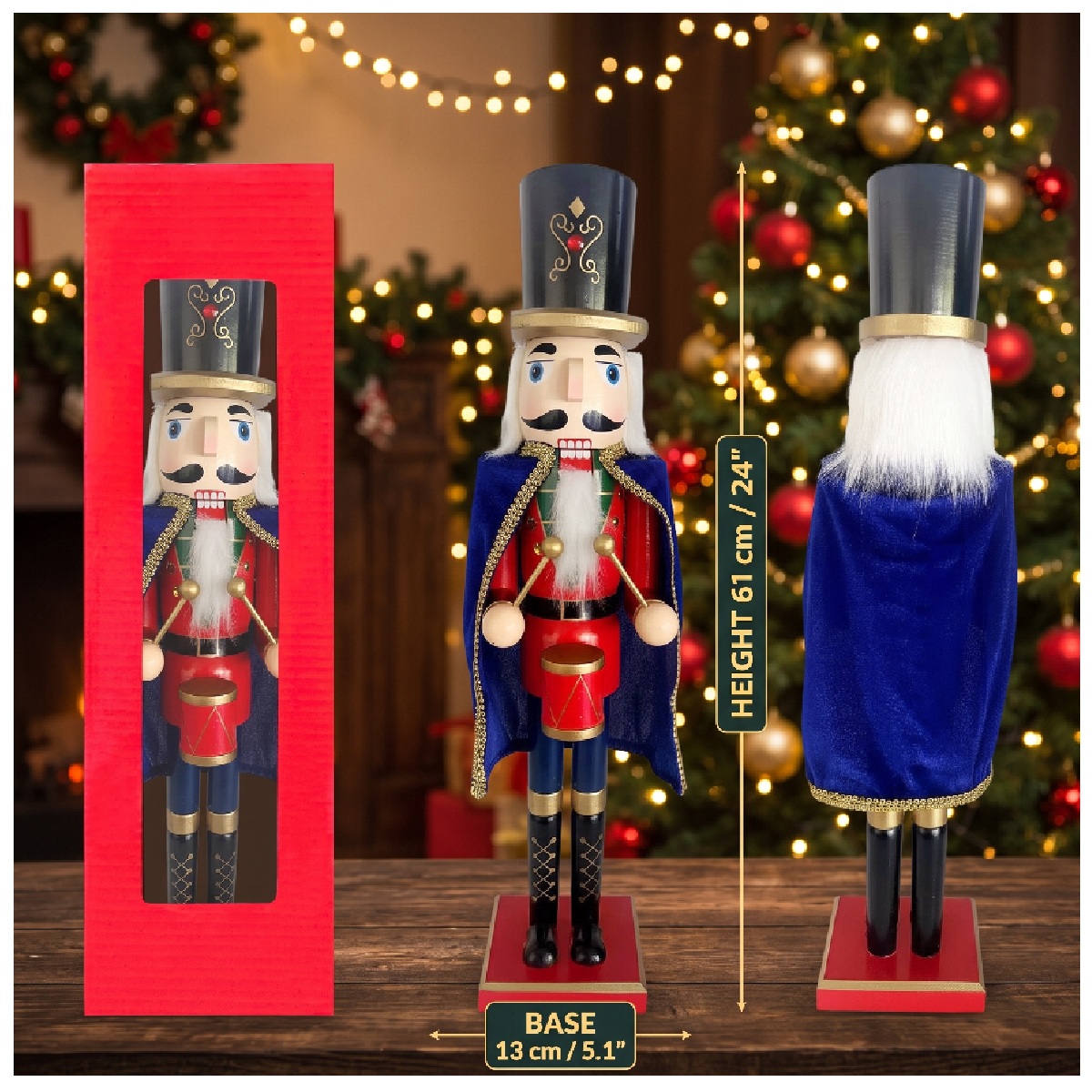 CASCANUECES DE MADERA NAVIDEÑO 61CM SOLDADO MÚSICO CON CAPA Y TAMBOR - 4