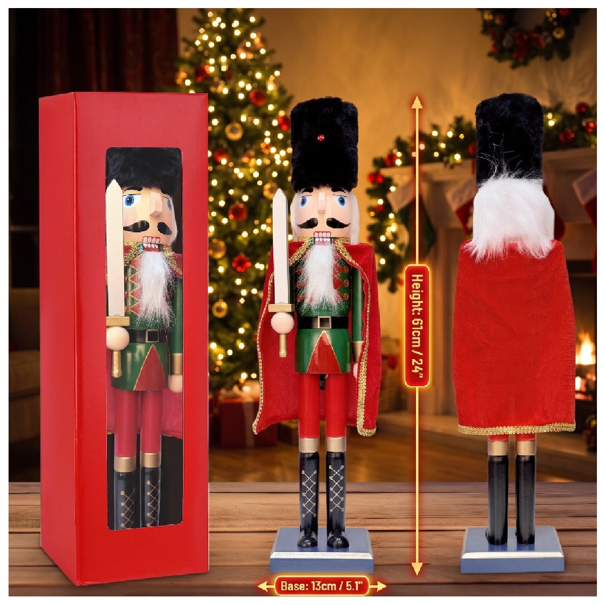 CASCANUECES DE MADERA NAVIDEÑO 61CM SOLDADO CON ESPADA Y CAPA ROJA - 3
