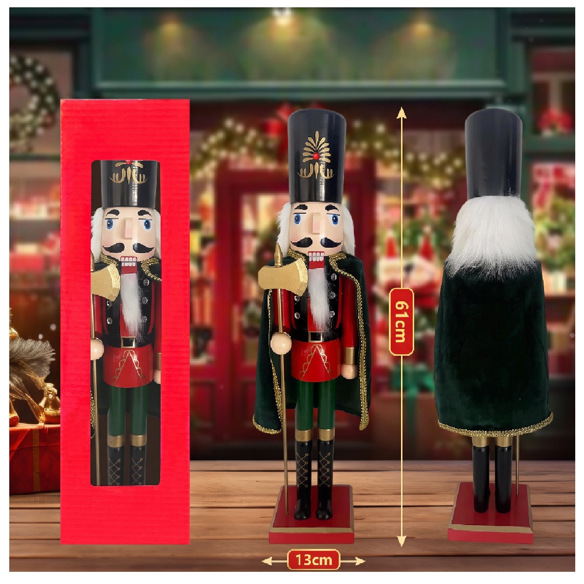 CASCANUECES DE MADERA NAVIDEÑO 31CM SOLDADO LEÑADOR CON HACHA Y CAPA NEGRO - 3