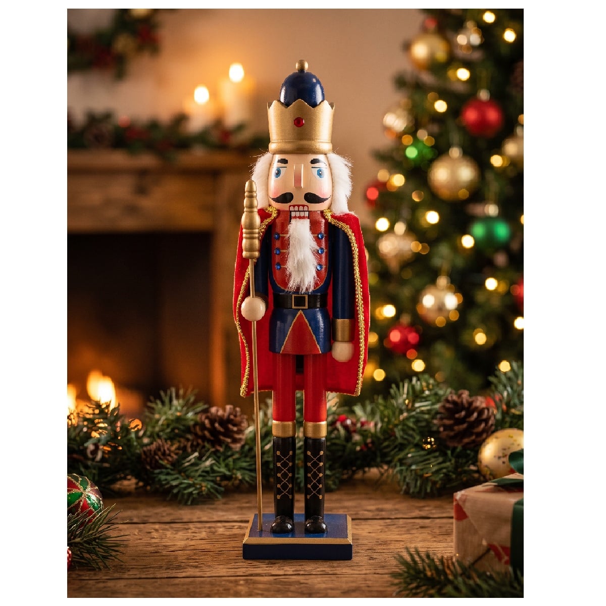 CASCANUECES DE MADERA NAVIDEÑO 61CM REY CON CETRO Y CAPA ROJA - 1