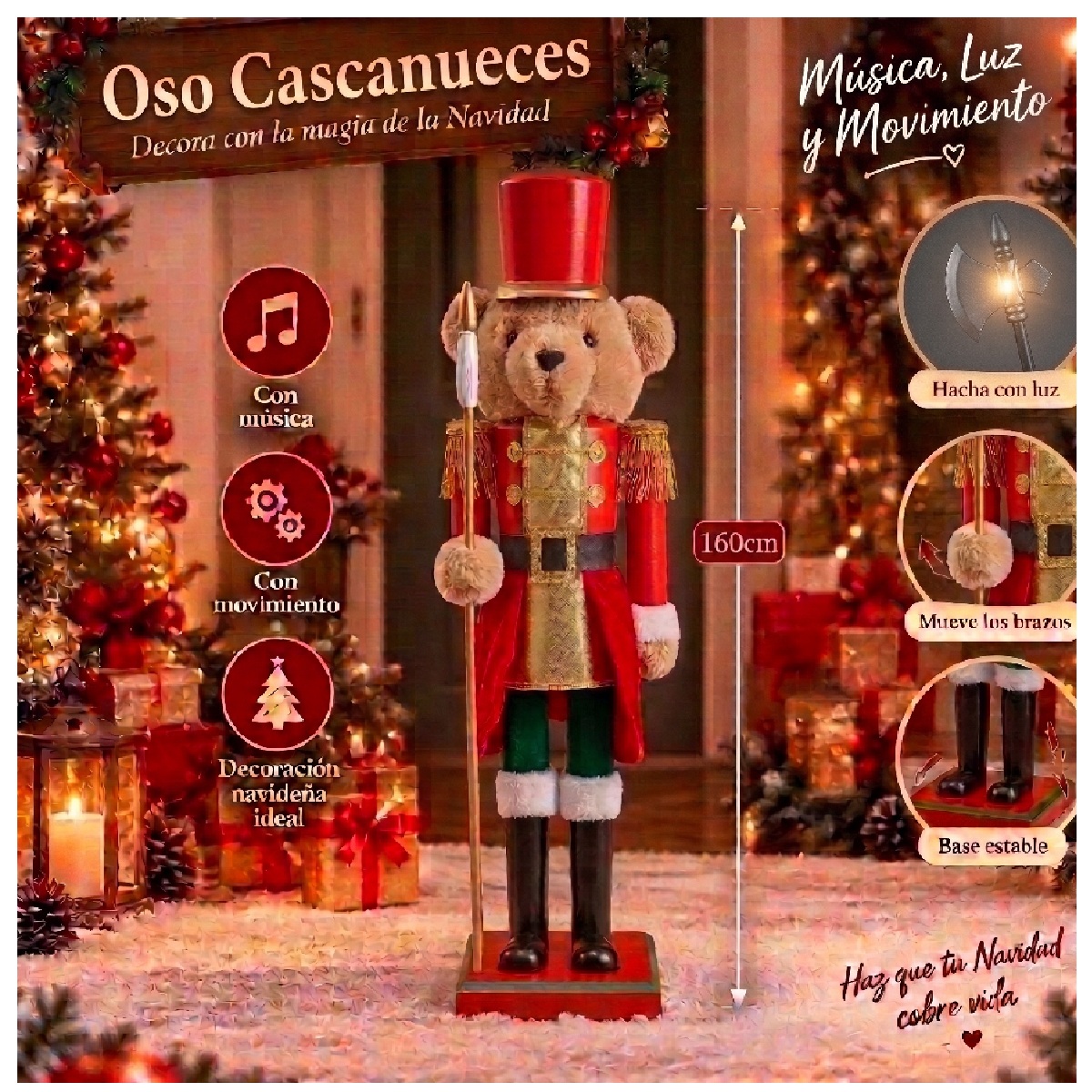 OSO SOLDADO CASCANUECES ANIMATRÓNICO 160 CM CON HACHA LED Y MÚSICA NAVIDEÑA - 1