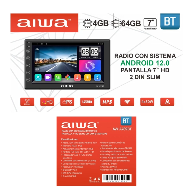 AUTORADIO AIWA AW-A789BT ANDROID 2 DIN SLIM HD 7' HD 4GB RAM + 64GB AUTO - 4