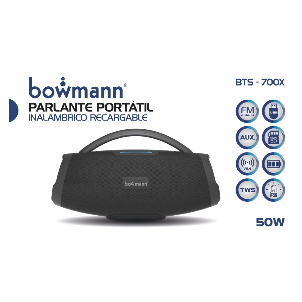 PARLANTE BLUETOOTH PORTÁTIL BOWMANN RECARGABLE TWS CON FM 50W BTS-700X - 2
