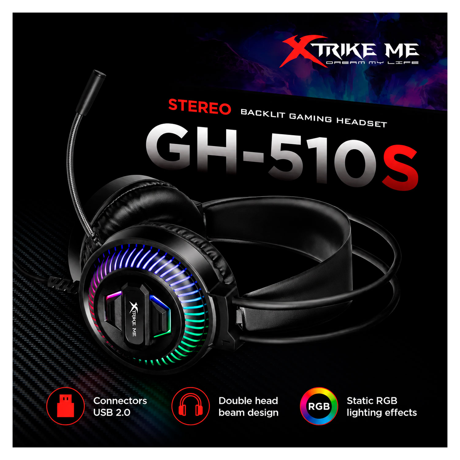 AUDÍFONOS GAMER XTRIKE ME GH-510S RGB ESTÉREO 3.5 MM NEGRO - 2