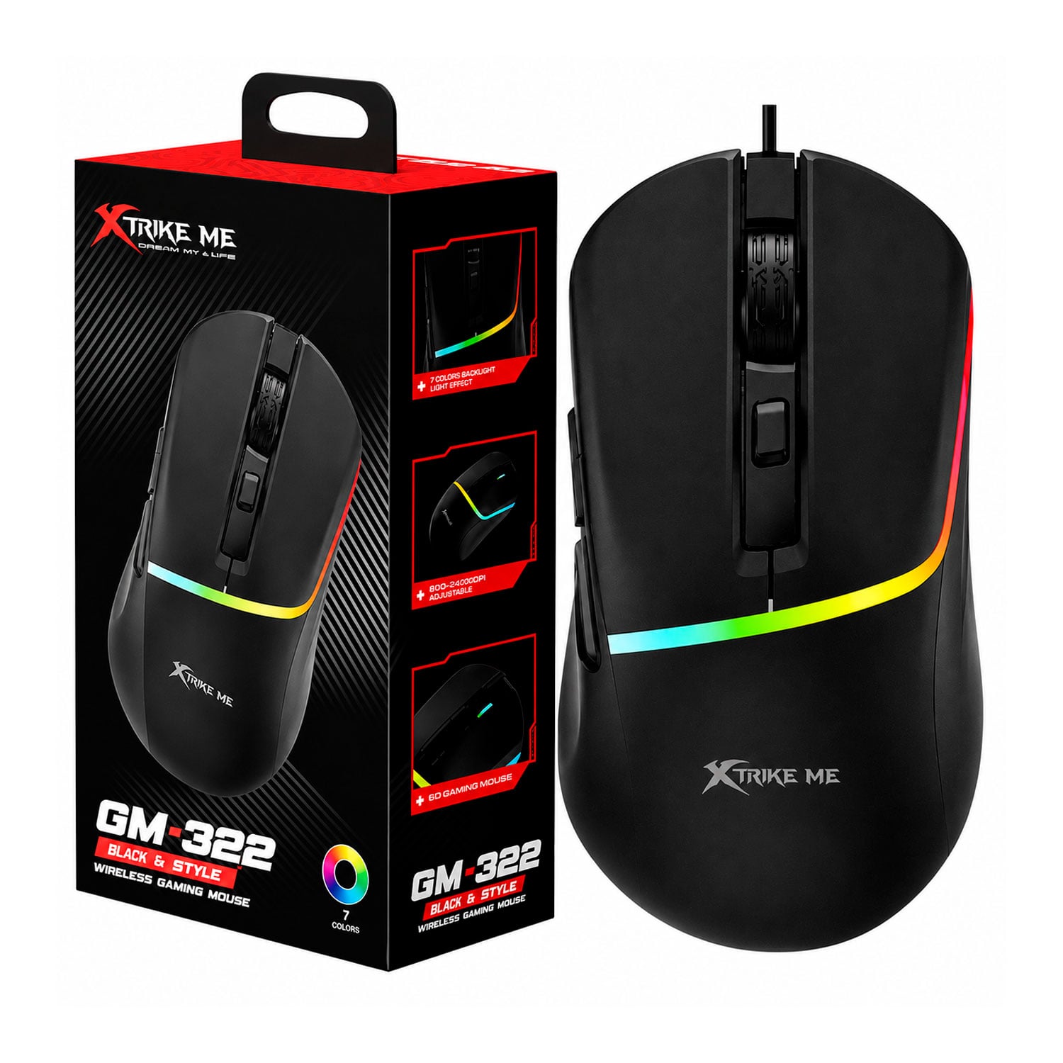 MOUSE GAMER ALÁMBRICO XTRIKE ME GM-322 BK RGB 7200 DPI - 3