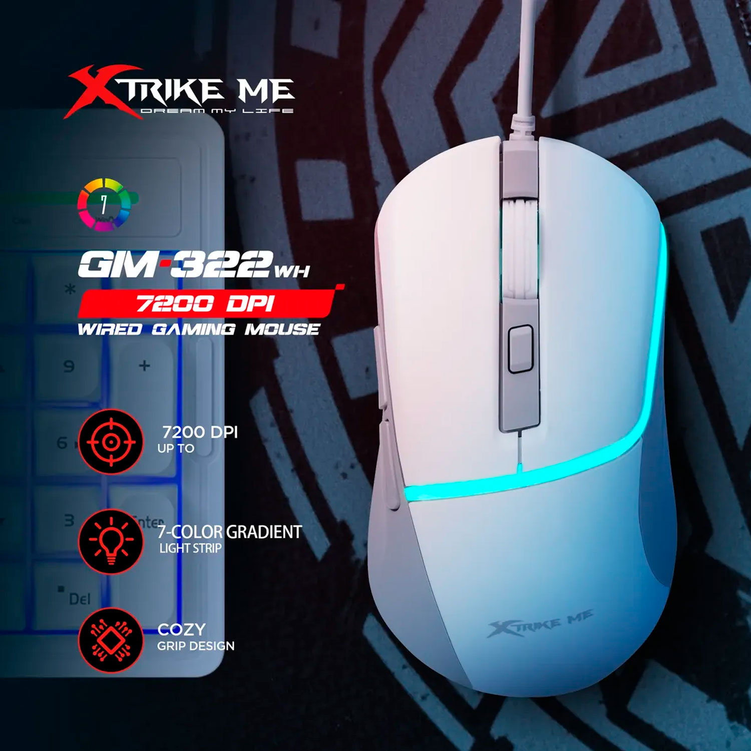 MOUSE GAMER ALÁMBRICO BLANCO XTRIKE ME GM-322 WH RGB 7200 DPI - 2