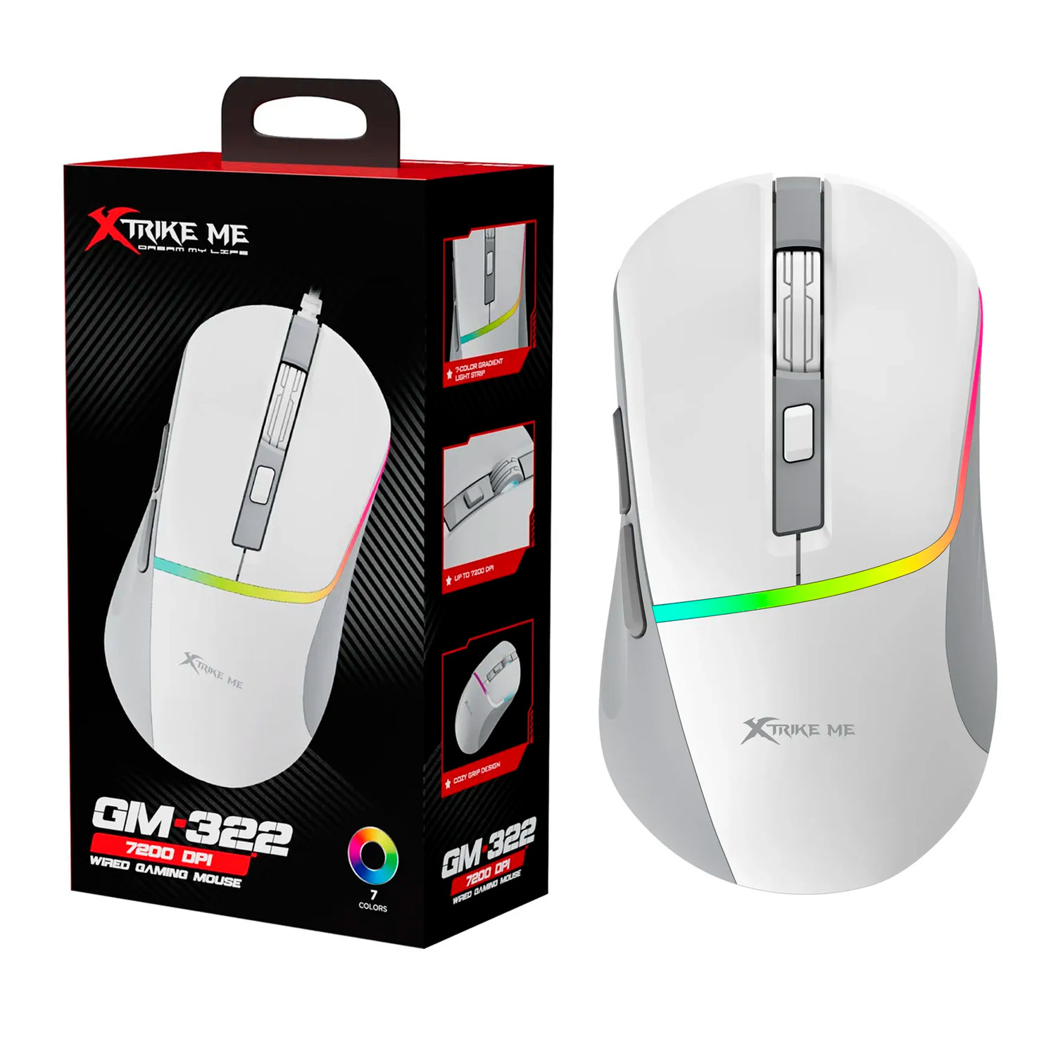 MOUSE GAMER ALÁMBRICO BLANCO XTRIKE ME GM-322 WH RGB 7200 DPI - 3