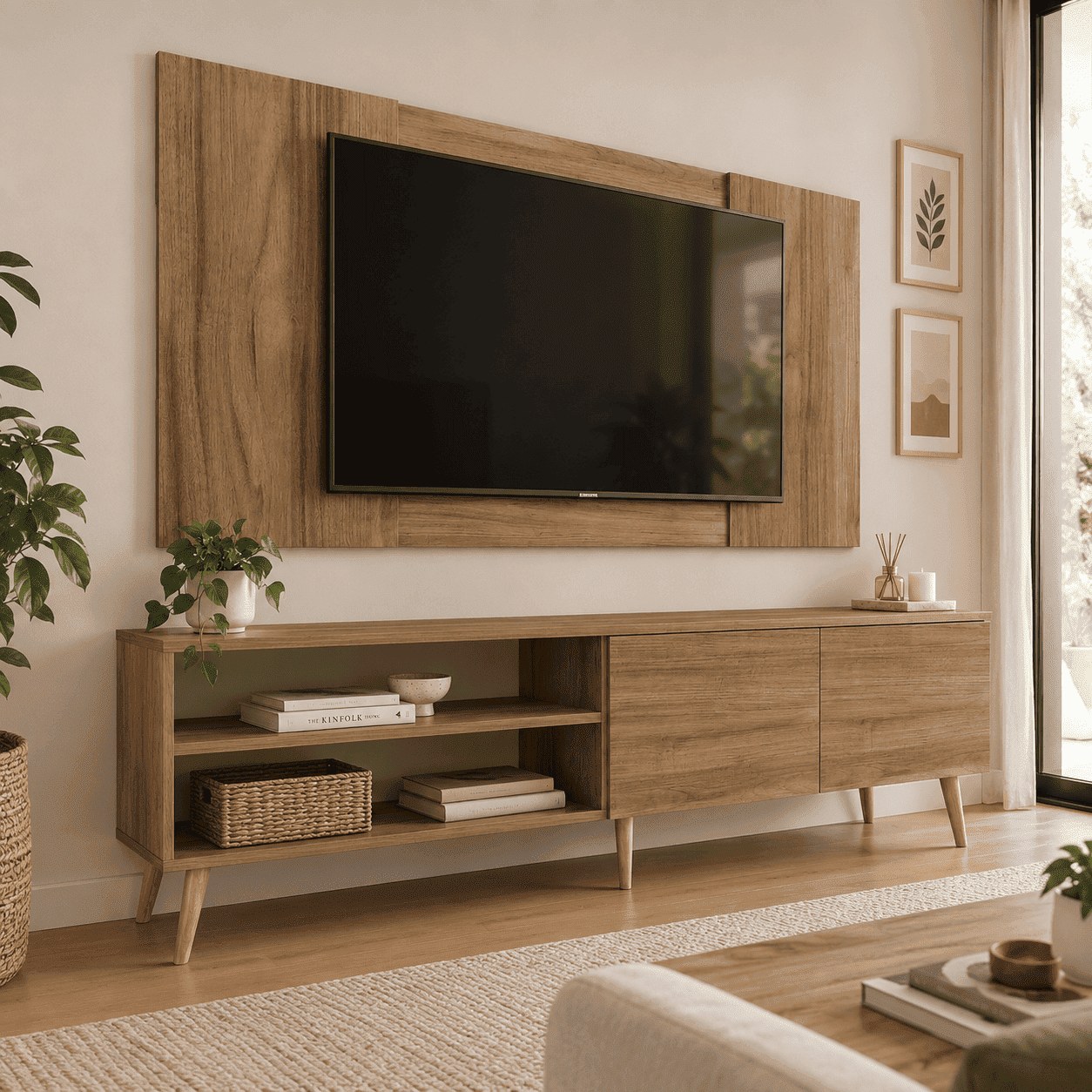 CENTRO DE ENTRETENIMIENTO 65? CAXIAS MESA DE TV Y PANEL MOVENDA GALES CON PATAS DE MADERA - 1