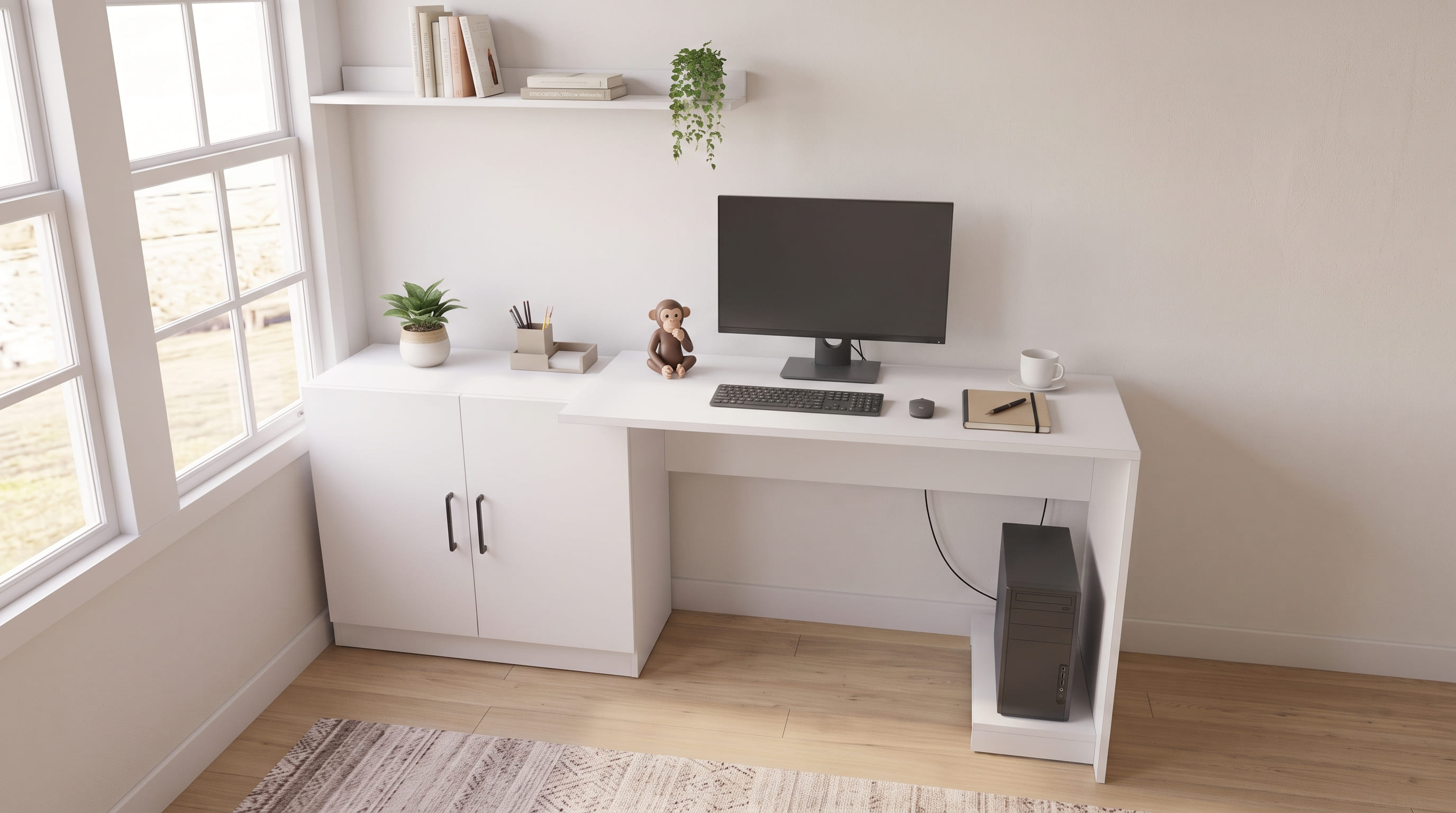 ESCRITORIO CON REPISA Y PORTA CPU CLARA 188CM 2 PUERTAS MOVENDA BLANCO - 5