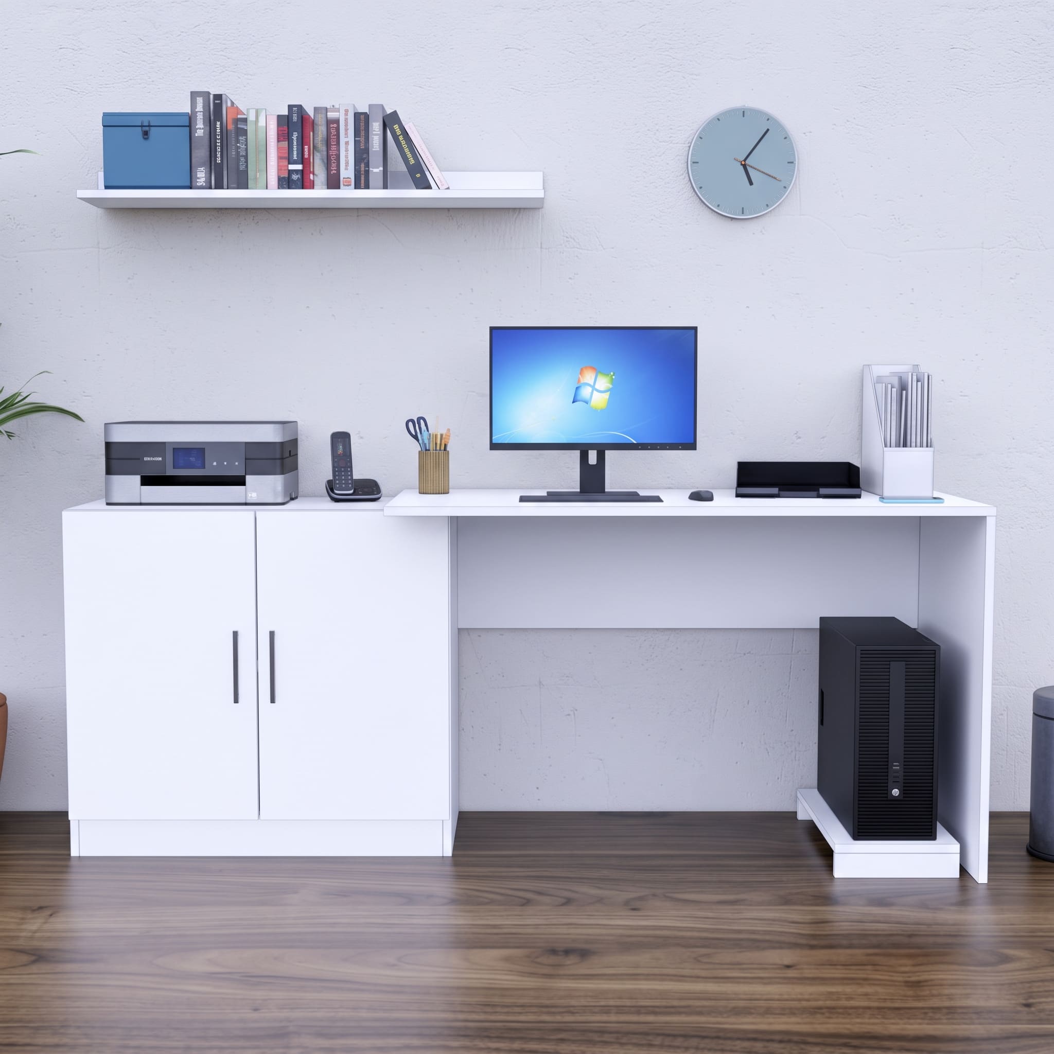 ESCRITORIO CON REPISA Y PORTA CPU CLARA 188CM 2 PUERTAS MOVENDA BLANCO - 6