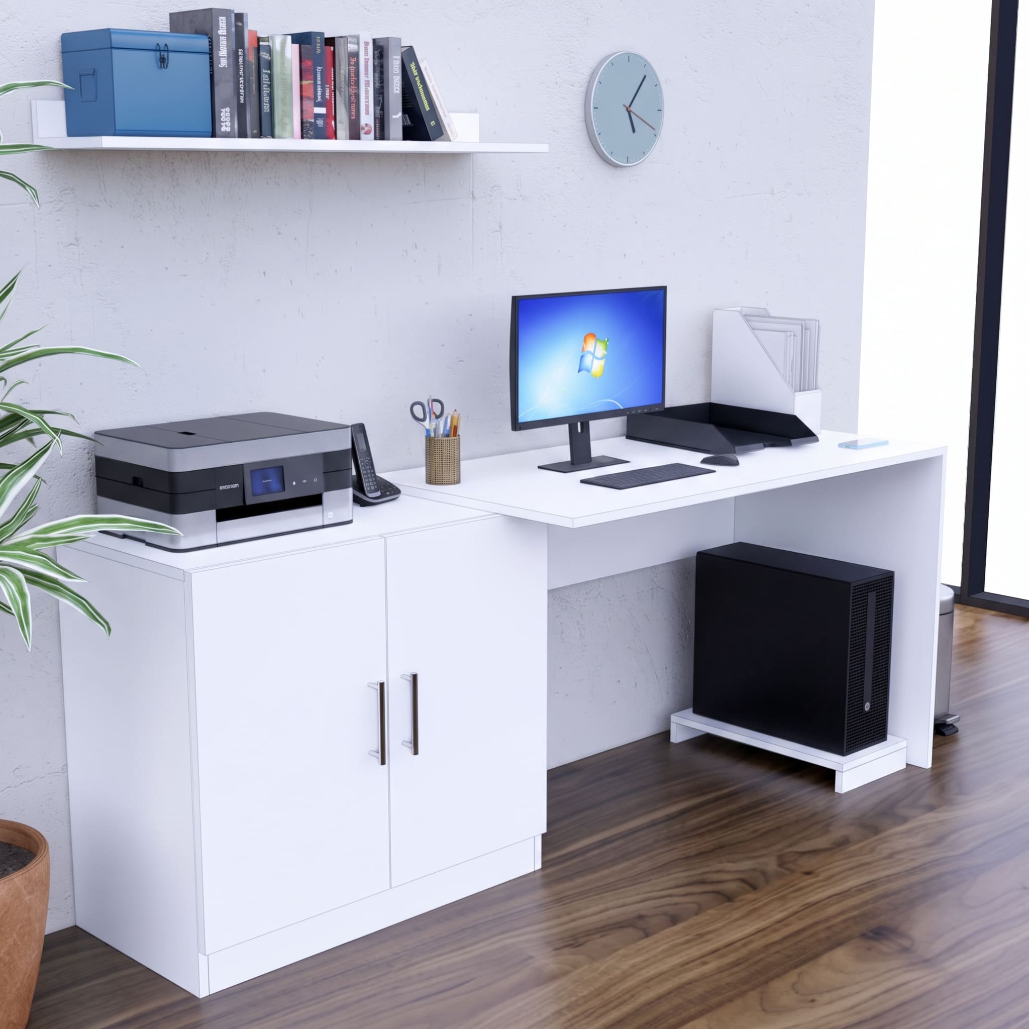 ESCRITORIO CON REPISA Y PORTA CPU CLARA 188CM 2 PUERTAS MOVENDA BLANCO - 7