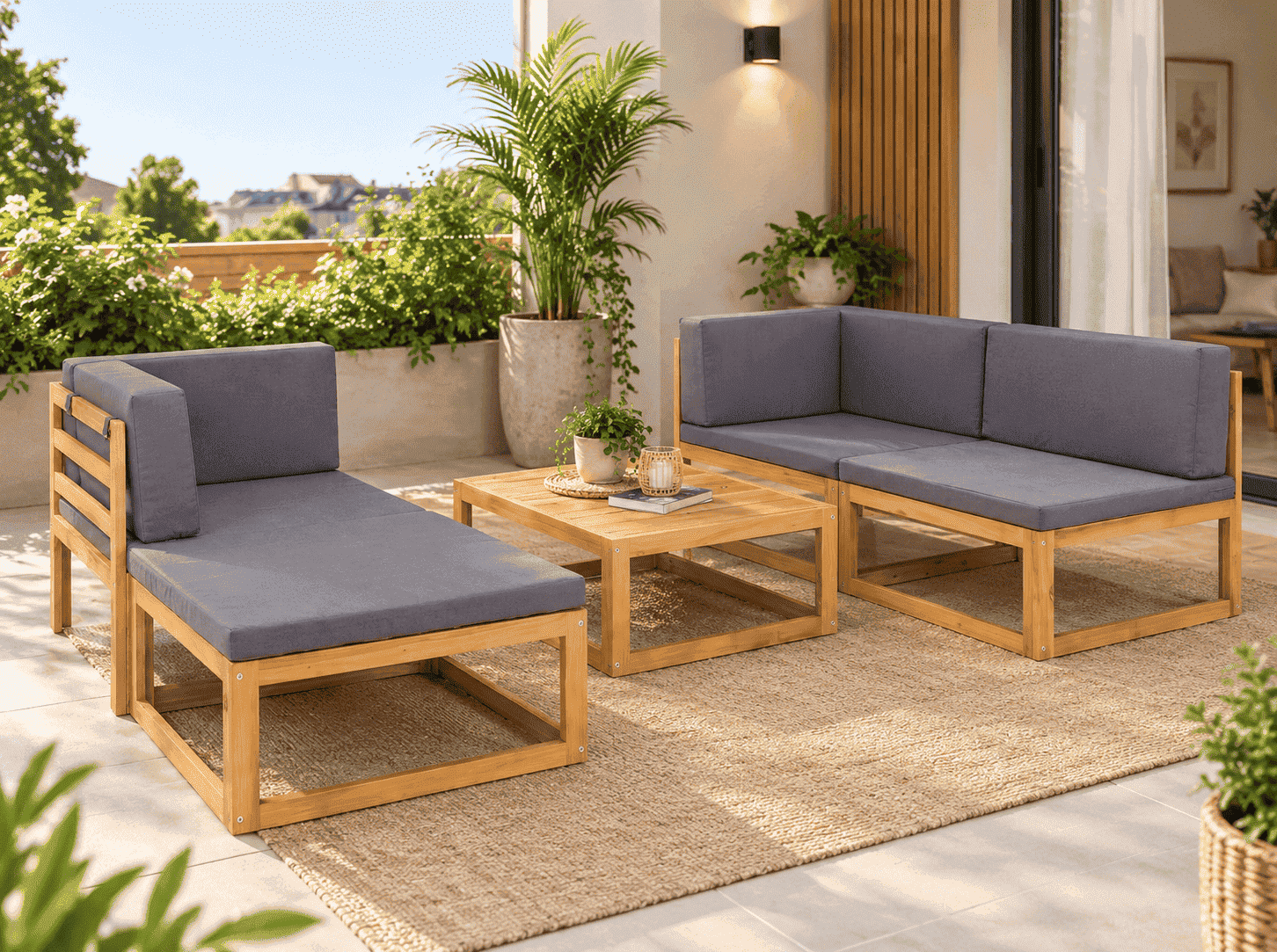 SET JUEGO TERRAZA MOVENDA MUEBLES LLANERO 4 PERSONAS MESA MADERA - 1