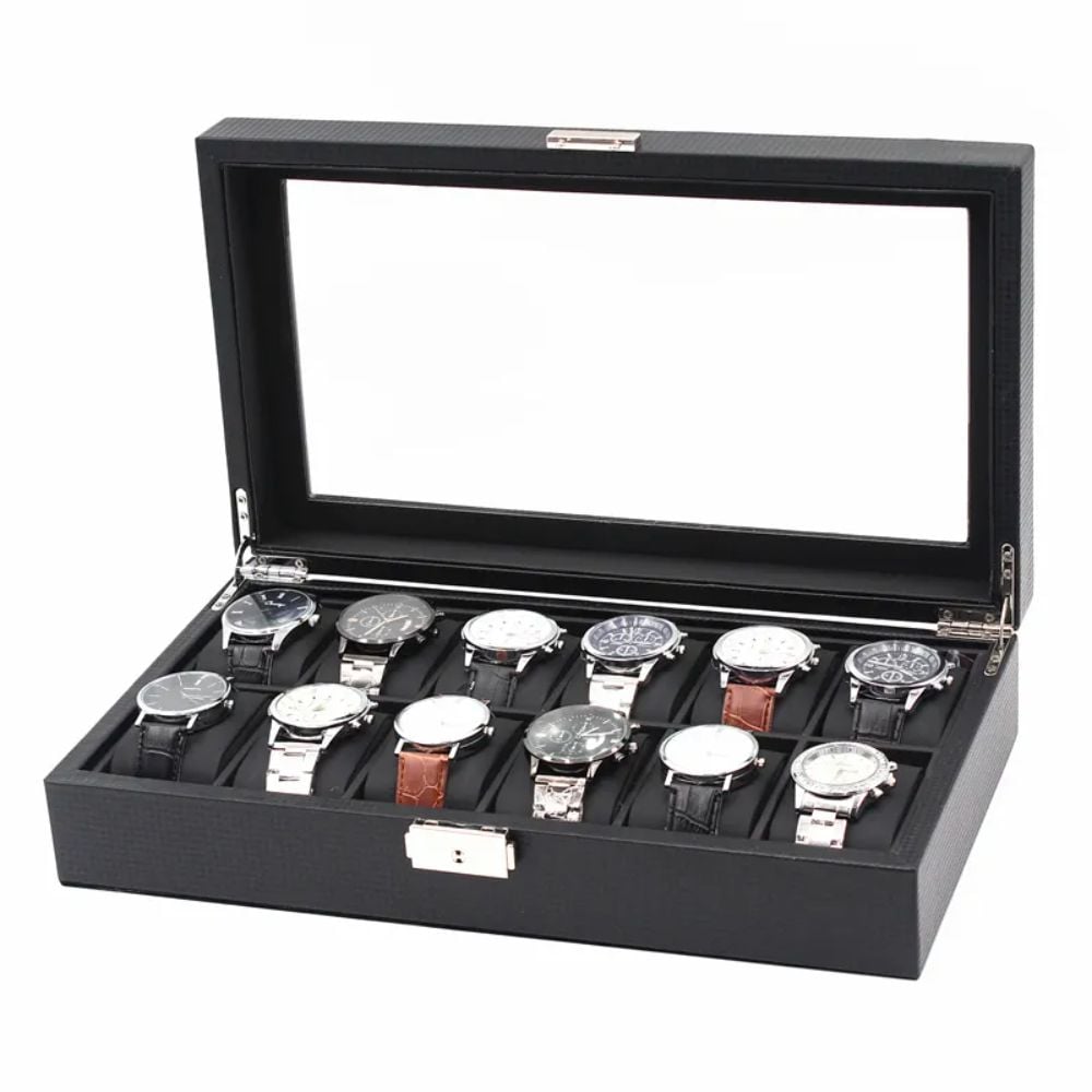 ORGANIZADOR MOD2 NEGRO 12 RELOJES CON DETALLES FIBRA CARBONO - 1