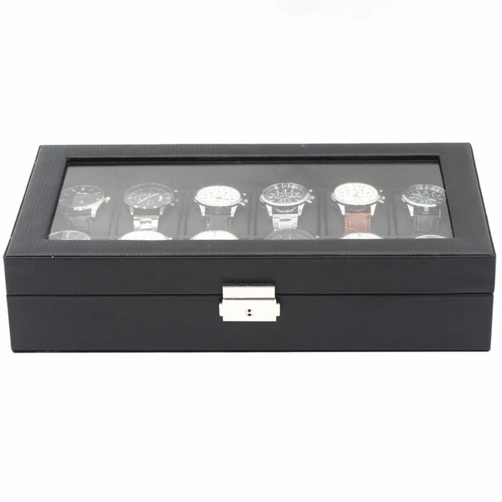 ORGANIZADOR MOD2 NEGRO 12 RELOJES CON DETALLES FIBRA CARBONO - 2