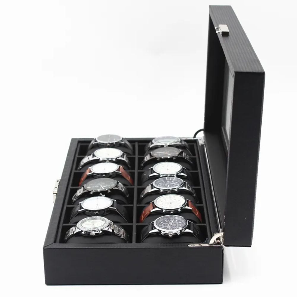 ORGANIZADOR MOD2 NEGRO 12 RELOJES CON DETALLES FIBRA CARBONO - 3