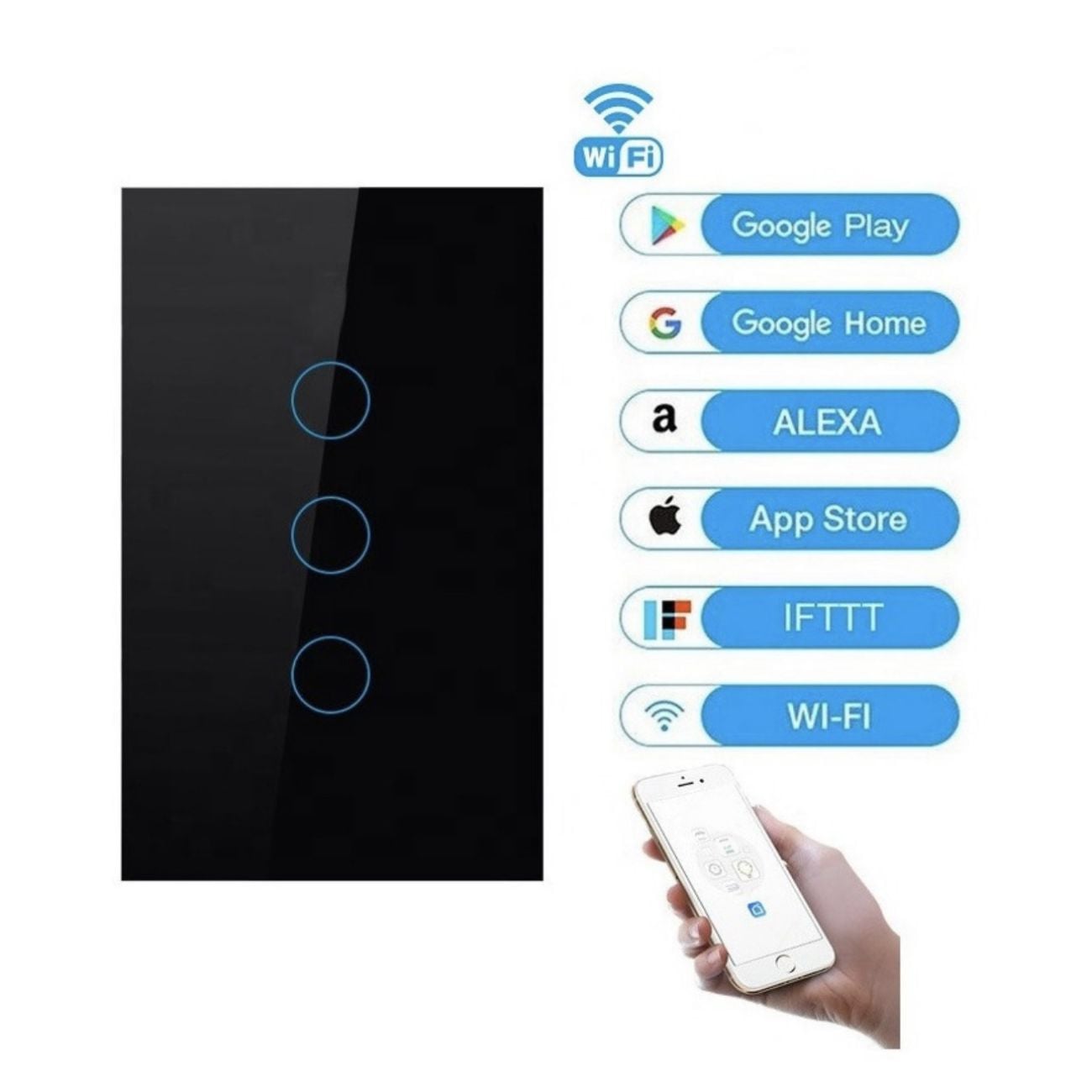 INTERRUPTOR DE PARED WIFI 3 TOMAS - SIN NEUTRO - INCLUYE CAPACITOR - ALEXA Y GOOGLE - 2