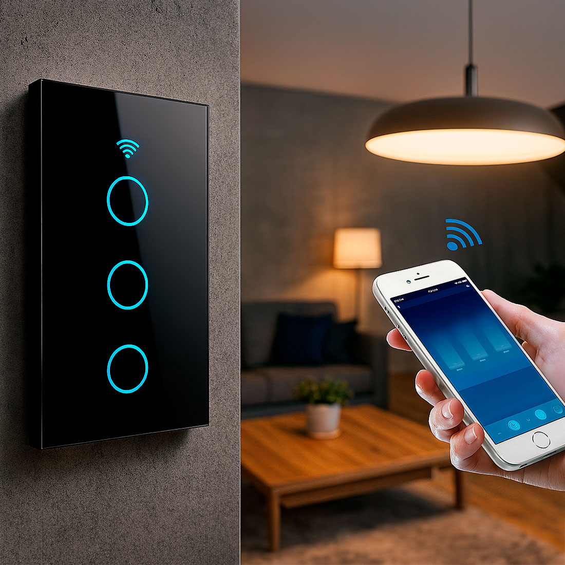 INTERRUPTOR DE PARED WIFI 3 TOMAS - SIN NEUTRO - INCLUYE CAPACITOR - ALEXA Y GOOGLE - 5