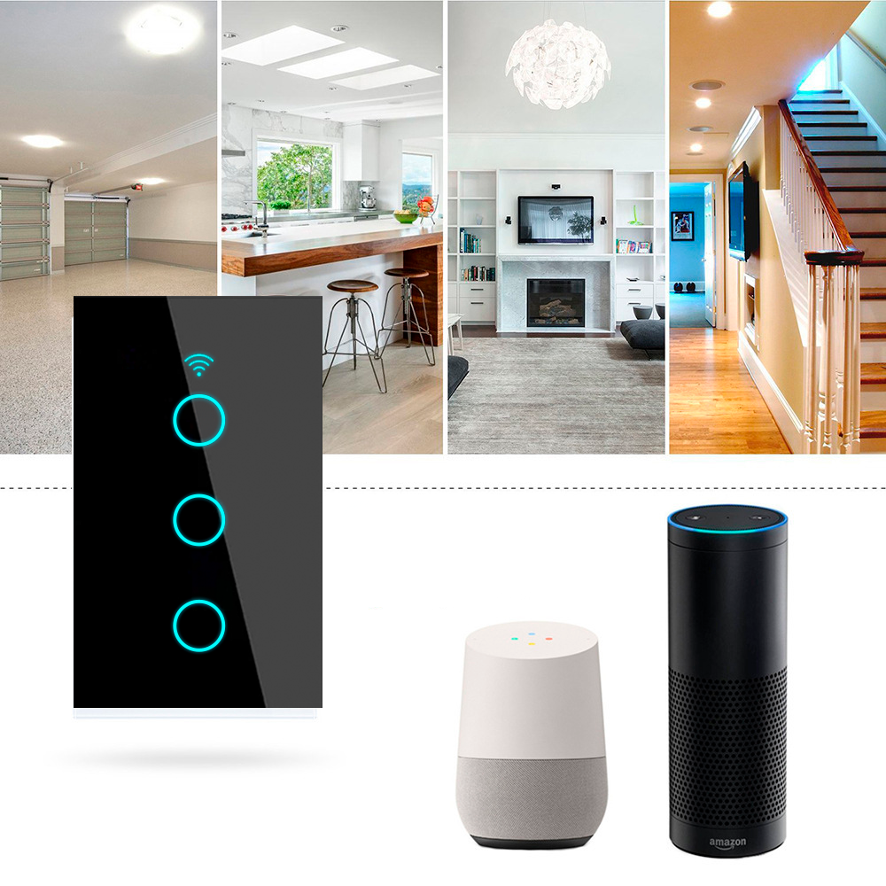 INTERRUPTOR DE PARED WIFI 3 TOMAS - SIN NEUTRO - INCLUYE CAPACITOR - ALEXA Y GOOGLE - 6
