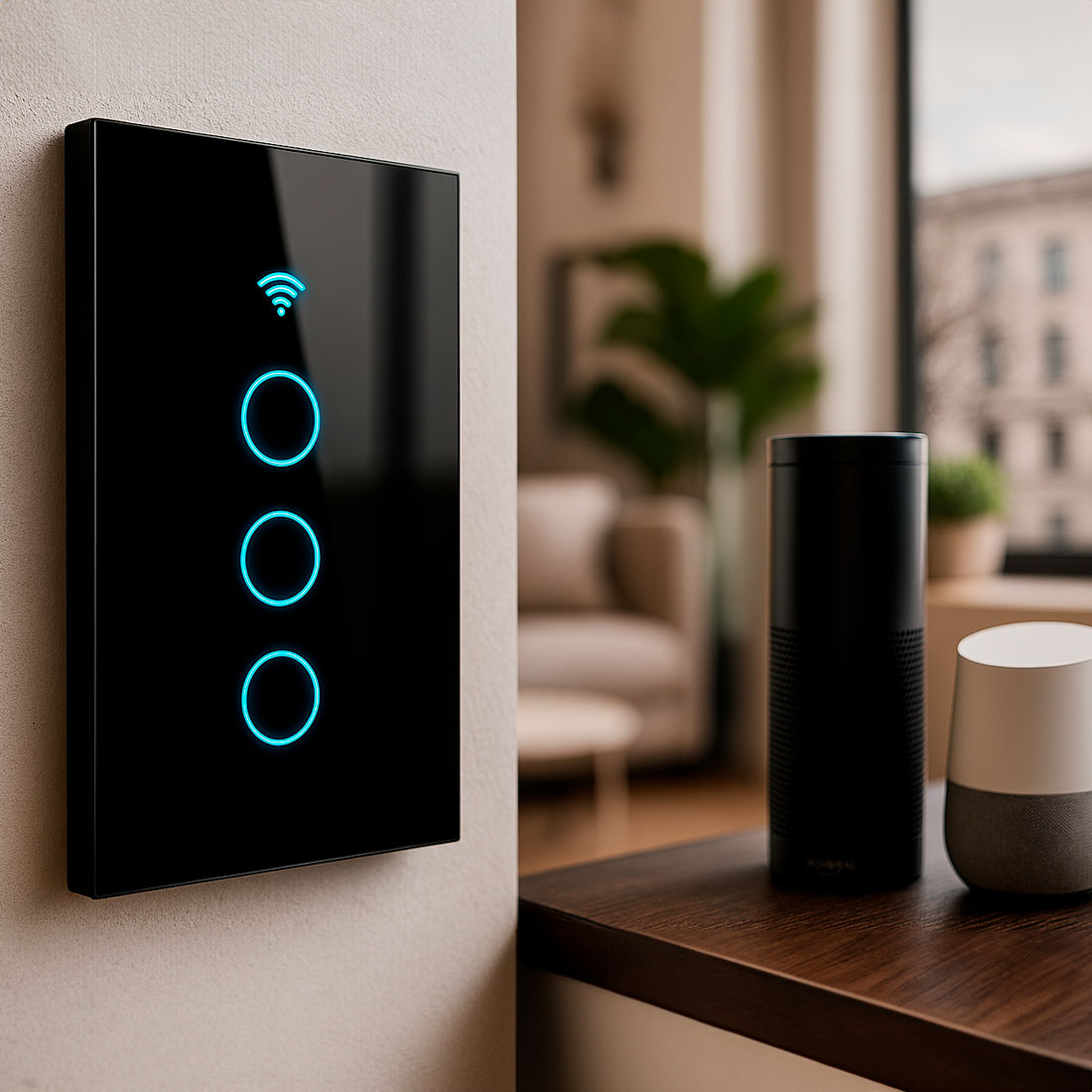 INTERRUPTOR DE PARED WIFI 3 TOMAS - SIN NEUTRO - INCLUYE CAPACITOR - ALEXA Y GOOGLE - 7