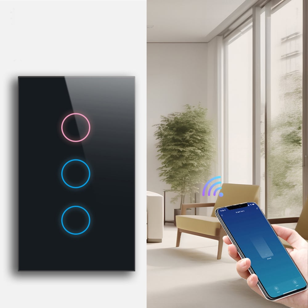 INTERRUPTOR DE PARED WIFI 3 TOMAS - SIN NEUTRO - INCLUYE CAPACITOR - ALEXA Y GOOGLE - 8