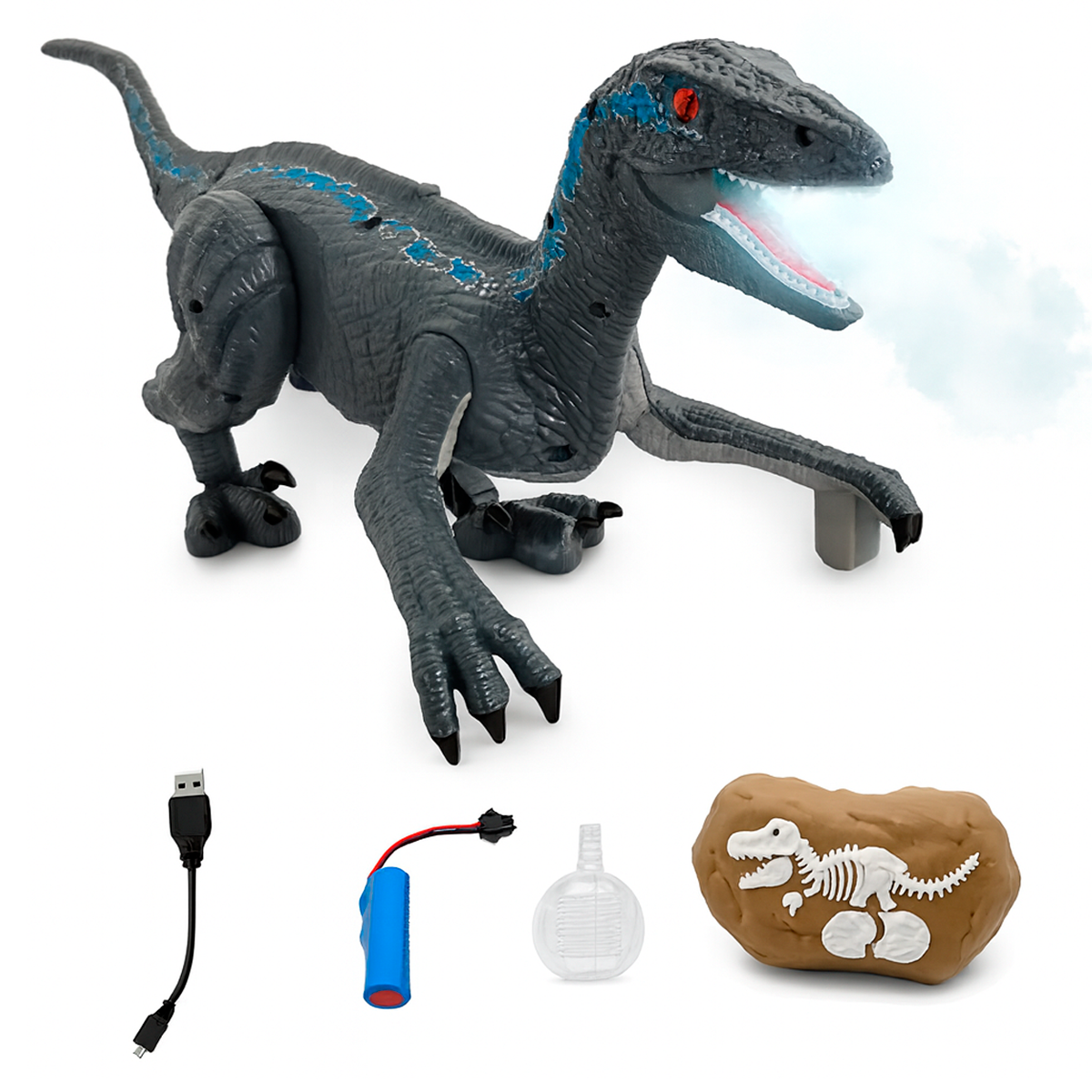 DINOSAURIO VELOCIRAPTOR CONTROL REMOTO LUZ SONIDO HUMO - 2