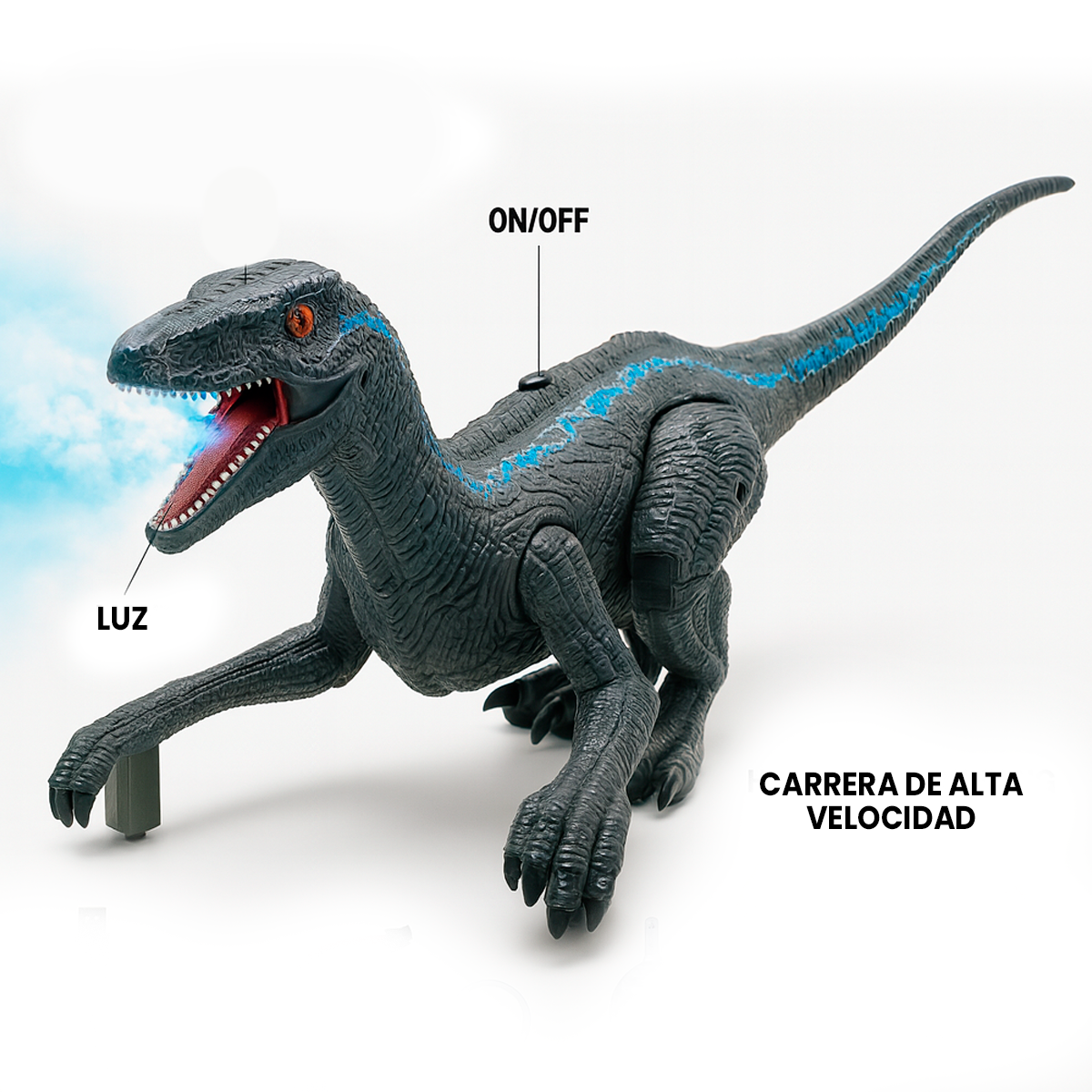 DINOSAURIO VELOCIRAPTOR CONTROL REMOTO LUZ SONIDO HUMO - 3